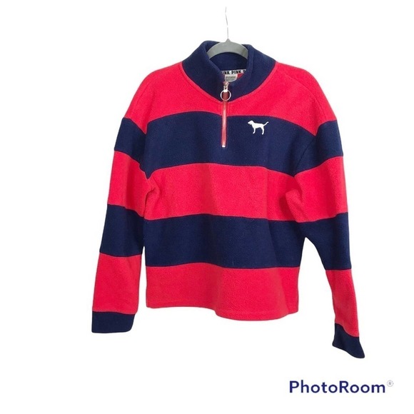 Victoria’s Secret PINK polar fleece red and blue striped quarter zip sweater - Picture 1 of 6